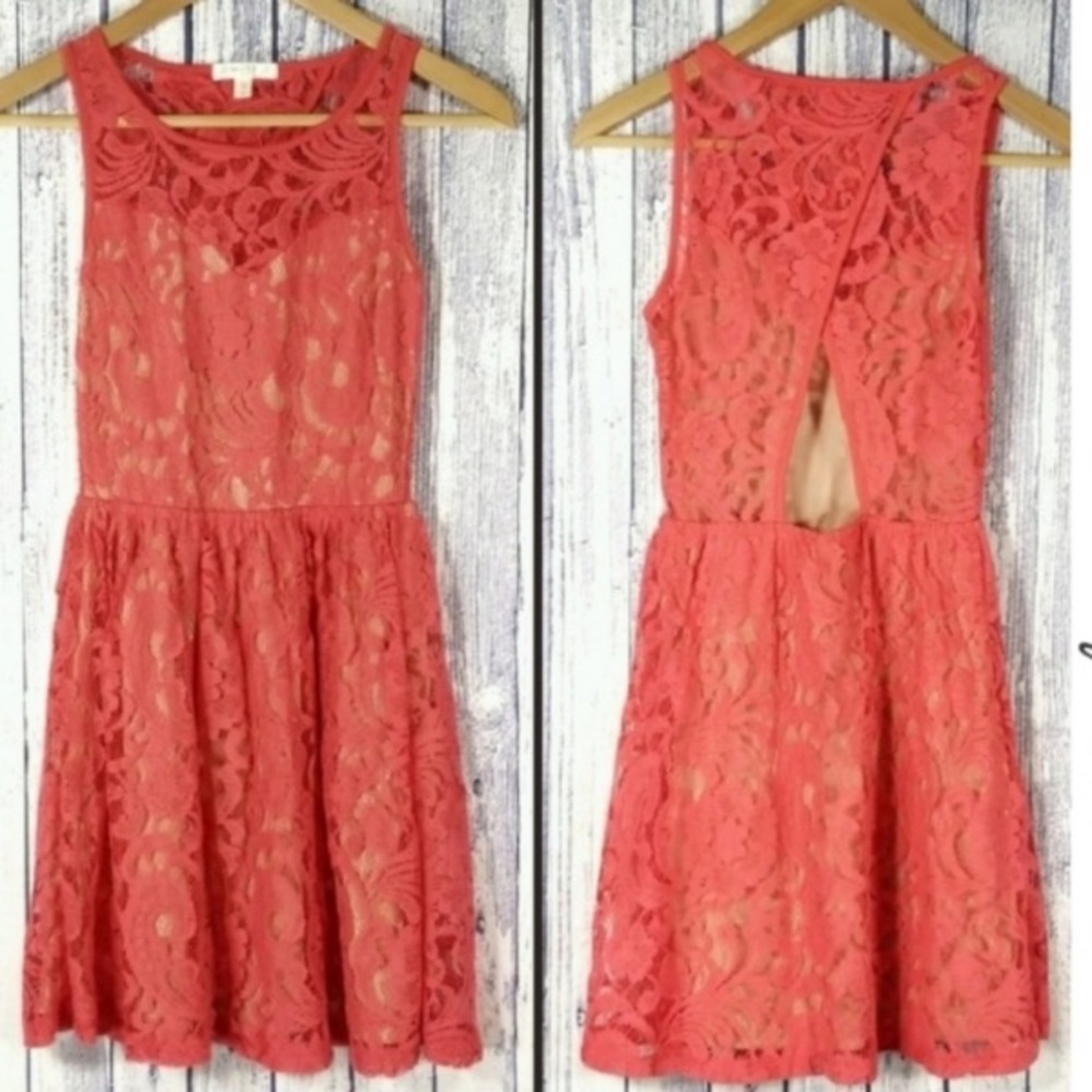 Love, Fire Pink Lace Cut Out Back Mini Skater Dress